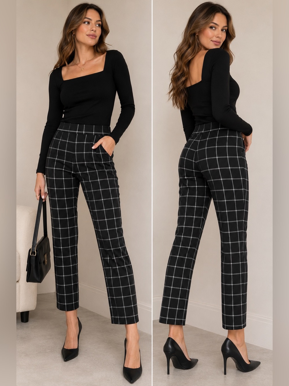 Zara Womens Size XS Black/White Windowpane Plaid Ankle Pants Front Zip Pull On